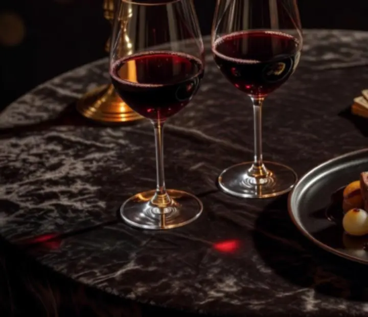 Verres de vin rouge posés sur une table en velours sombre