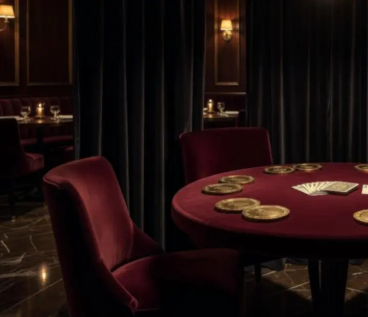 Alcôve poker hors ligne avec table ovale feutrée, cartes décoratives et jetons symboliques en laiton chez Sortieguide FR.