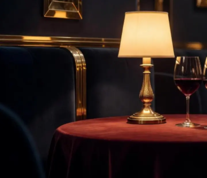 Salle privatisée éclairée à la bougie avec lampes ivoire et tables en velours bordeaux