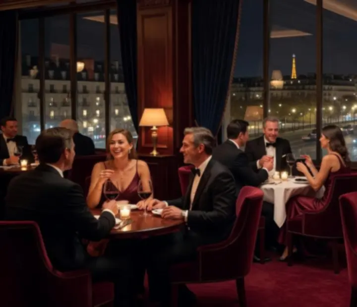 Ambiance de nuit chez Sortieguide FR, lumière feutrée et invités réunis autour des tables.
