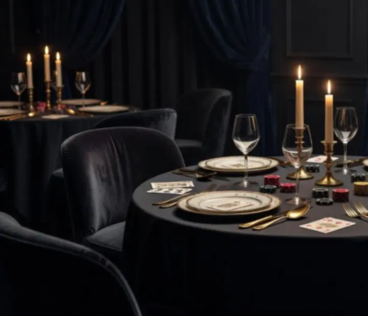 Table gastronomique intimiste dressée pour un dîner nocturne, éclairée à la bougie