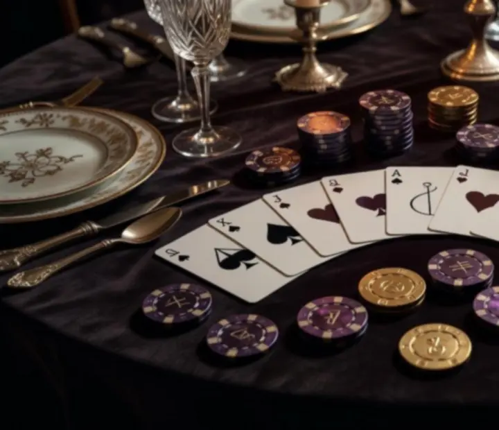 Cartes en édition spéciale et jetons artisanaux utilisés comme accessoires de table élégants