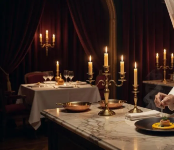 Chef en action préparant un plat raffiné dans une cuisine feutrée
