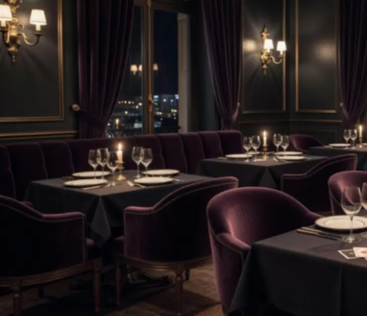 Salle principale de Sortieguide FR, tables dressées et ambiance nocturne parisienne