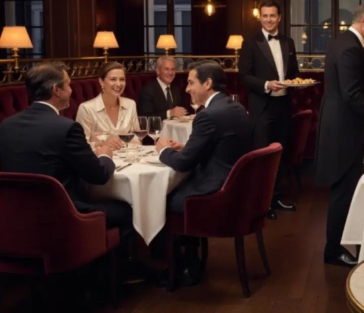 Montage de scènes nocturnes&nbsp;: convives autour d'une table, détails de service et ambiance feutrée