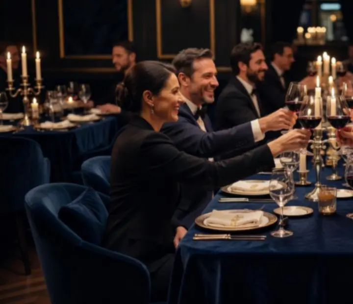 Convivialité en salle&nbsp;: convives réunis autour d’une table élégante, verres levés et sourire sous une lumière chaleureuse.