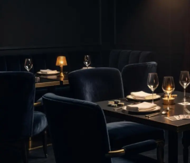 Table privée dressée pour un dîner nocturne chez Sortieguide FR, sous une lumière dorée