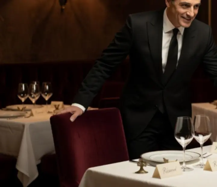 Hôte disposant des verres et assiettes sur une table éclairée à la bougie dans une salle feutrée