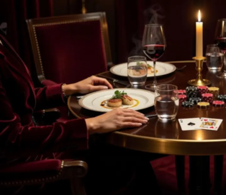 Table de soirée avec cartes décoratives et jetons symboliques, verres de vin et ambiance tamisée