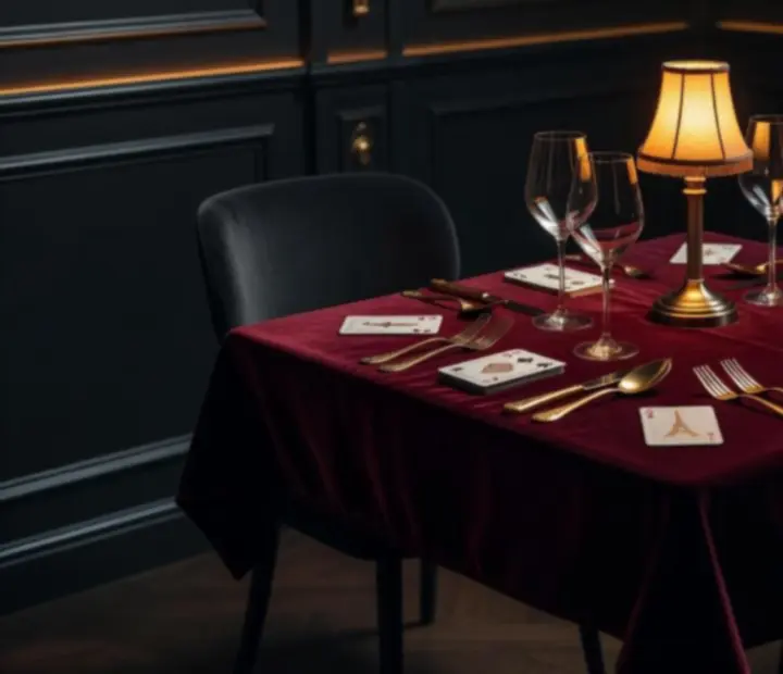 Table privée dressée avec bougies, verres à vin et accessoires de cartes décoratifs dans une lumière ambrée