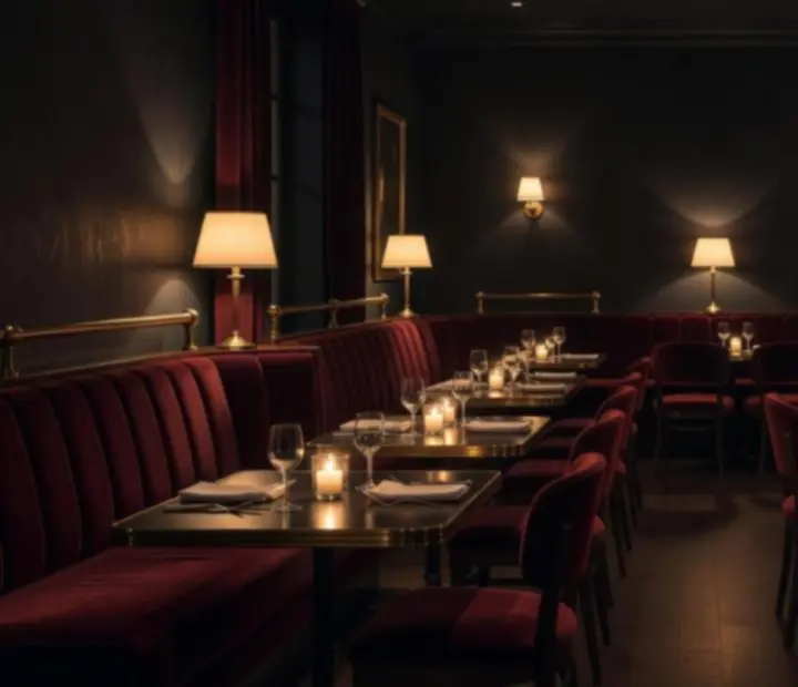 Salle de restaurant plongée dans une atmosphère de nuit parisienne, lumières dorées, banquettes sombres et tables intimistes.