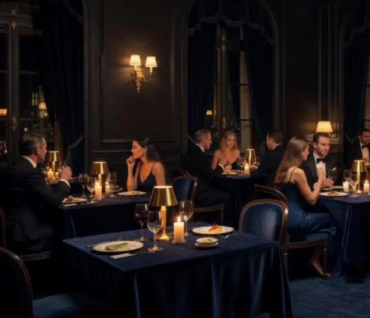 Salle principale de Sortieguide FR avec tables éclairées par des lampes dorées et ambiance tamisée.