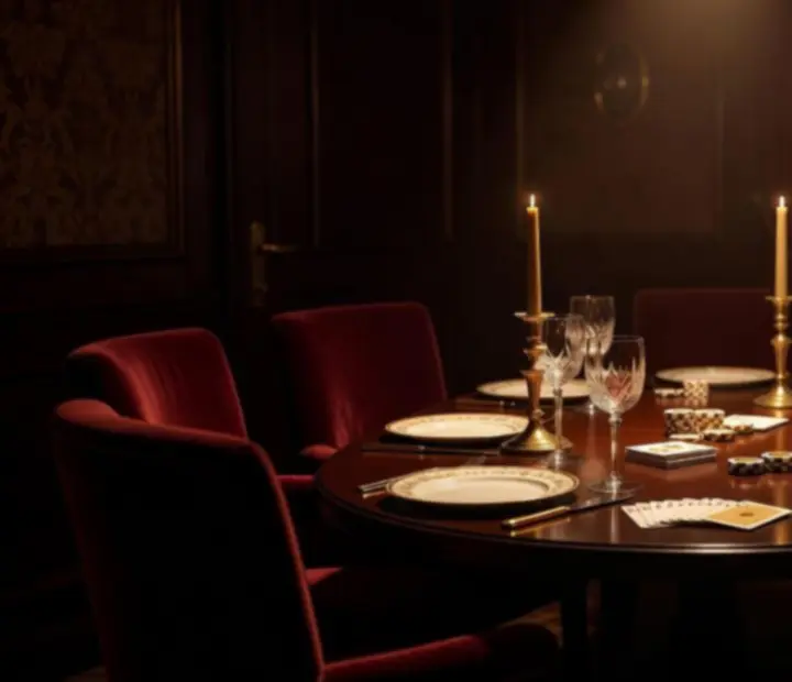 Table de salon dressée pour une soirée poker privée avec dîner, dans une lumière tamisée