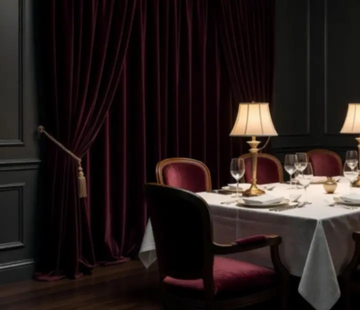 Salon privé de Sortieguide FR avec rideaux épais, lumière feutrée et table prête pour un dîner confidentiel.