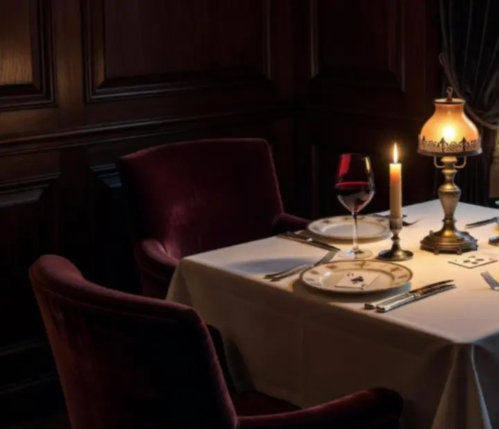 Table intimiste éclairée par une lampe, nappes sombres, verres à vin et détails en laiton pour une soirée privée chez Sortieguide FR.