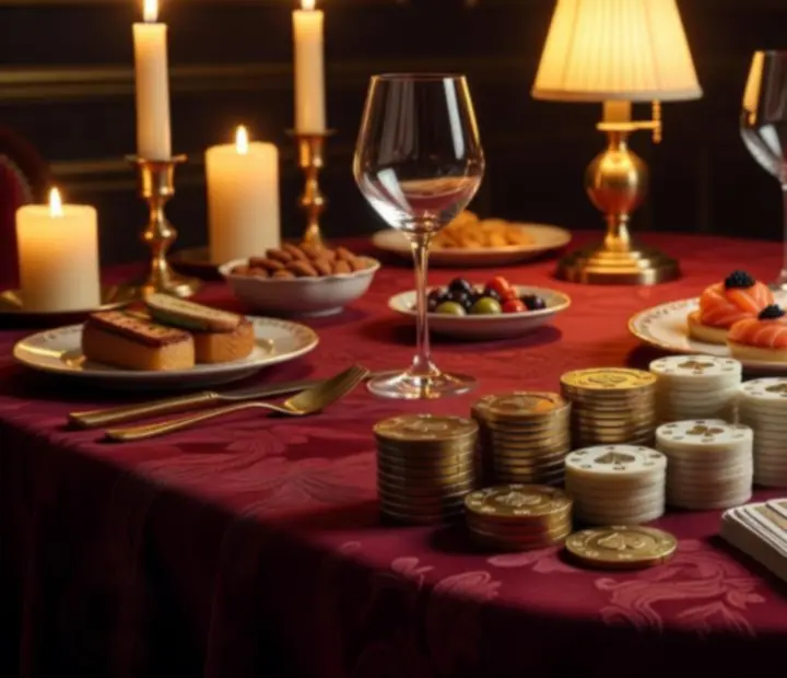 Table de poker hors ligne dressée pour le dîner, cartes et jetons décoratifs