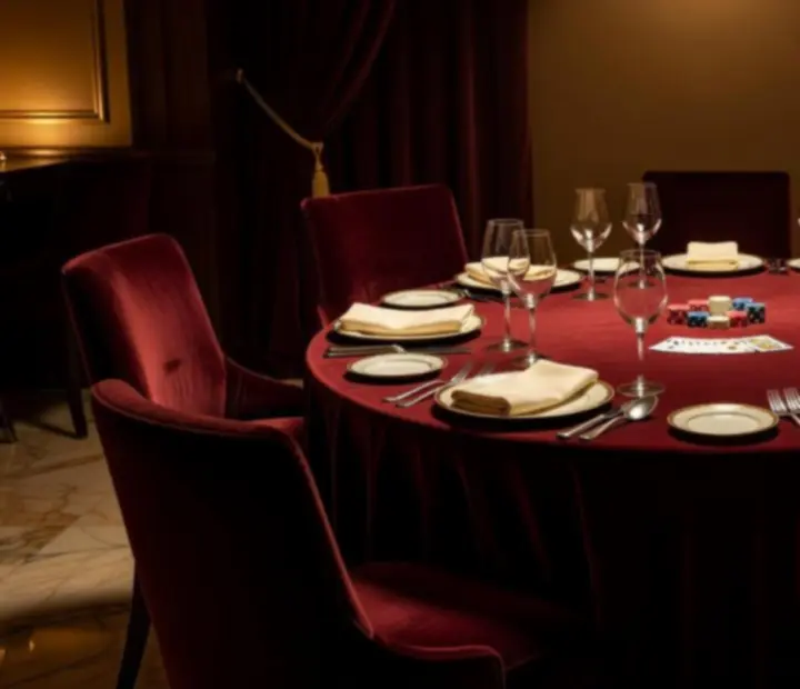 Table de poker en velours dans un salon privé, cartes rangées et jetons symboliques posés pour une soirée conviviale sans enjeu financier.