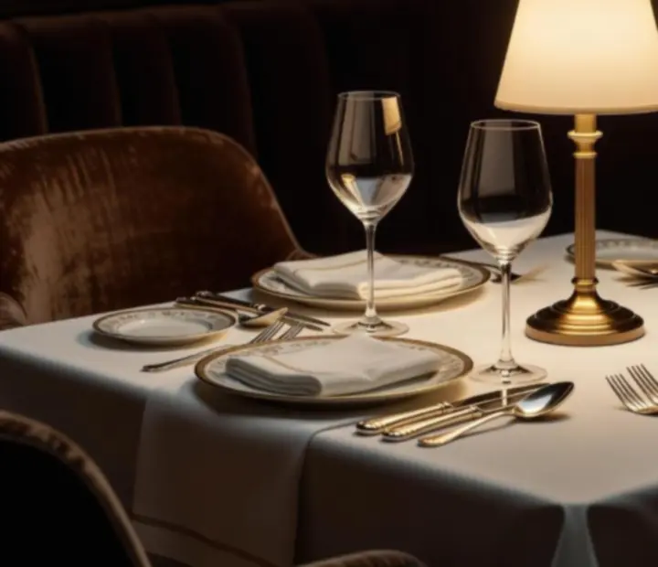 Table privée sous une lampe dorée, verres de vin et assiettes élégantes